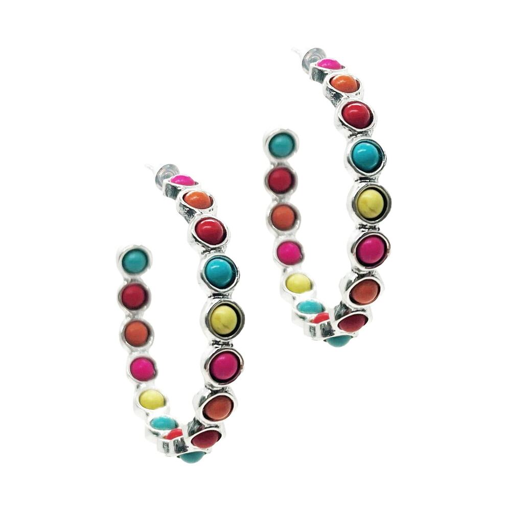 Multicolor Stone Silver Western Hoop Earring 1.5"